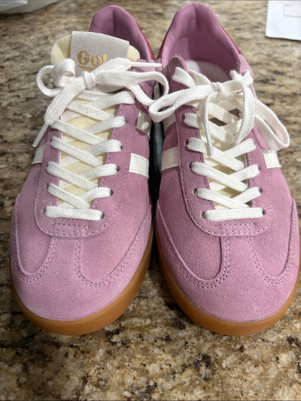 Gola Women's Pink Suede Sneakers with White Stripes and Gum Sole - Picture 2 of 9